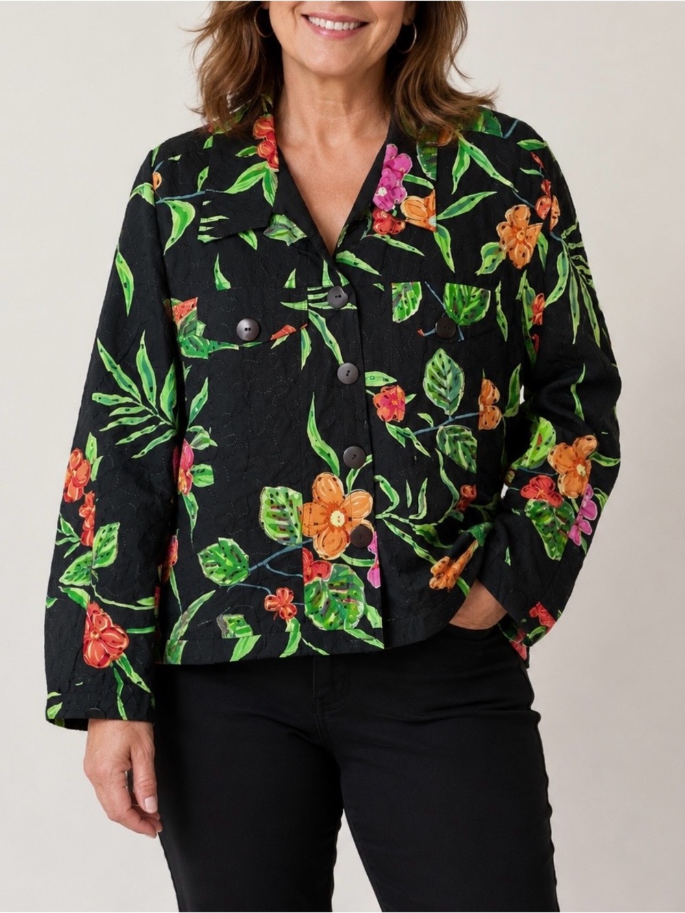 New Direction Black Multicolored Floral Beaded Jacket Size XL 100% Cotton Black